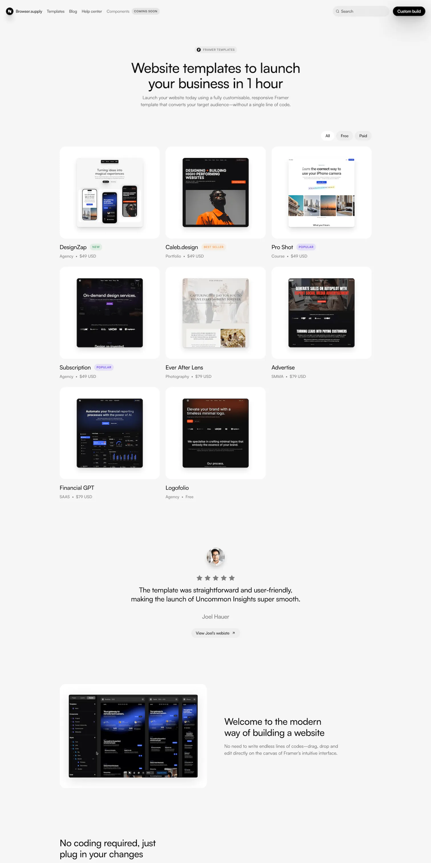 Website preview of "Framer templates"