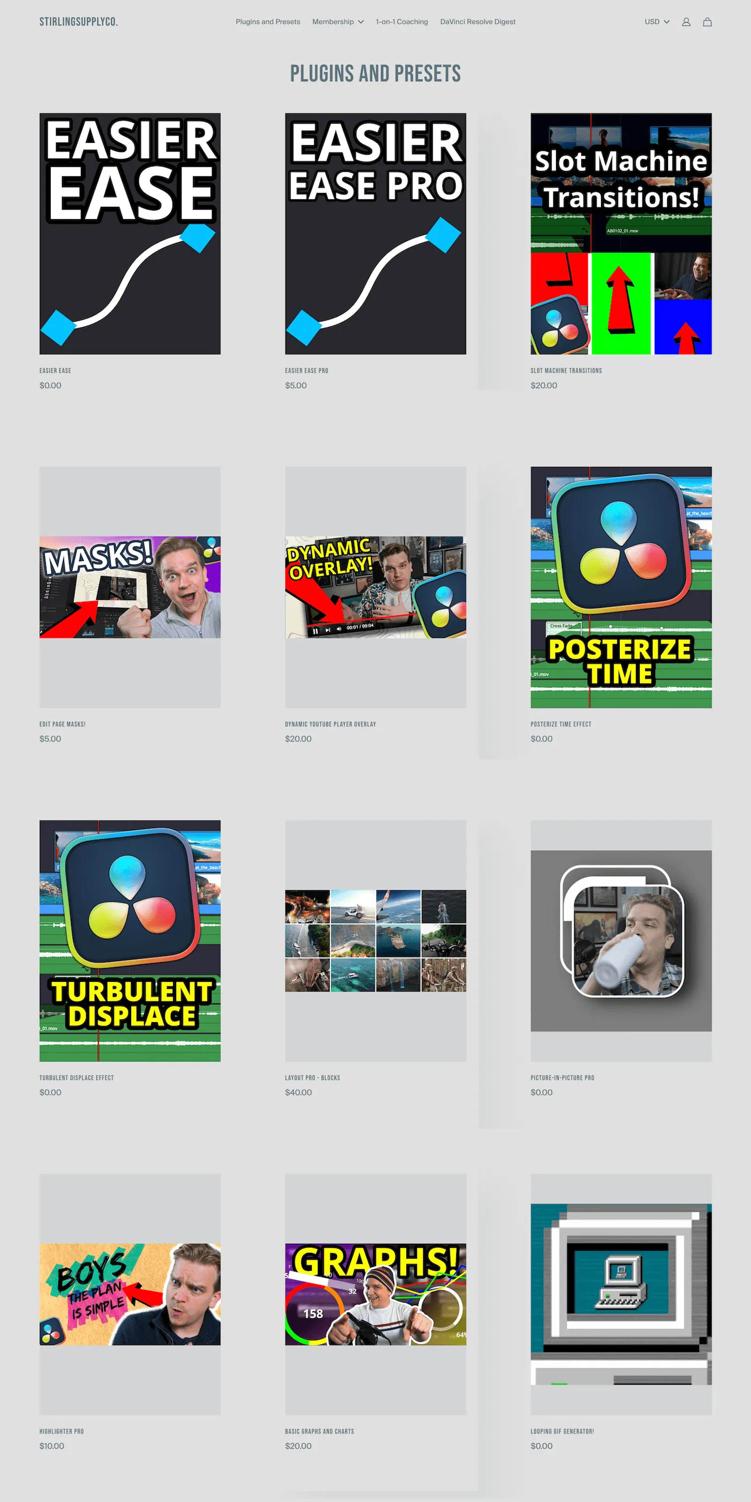 Website preview of "DaVincie Resolve plugins and presets"